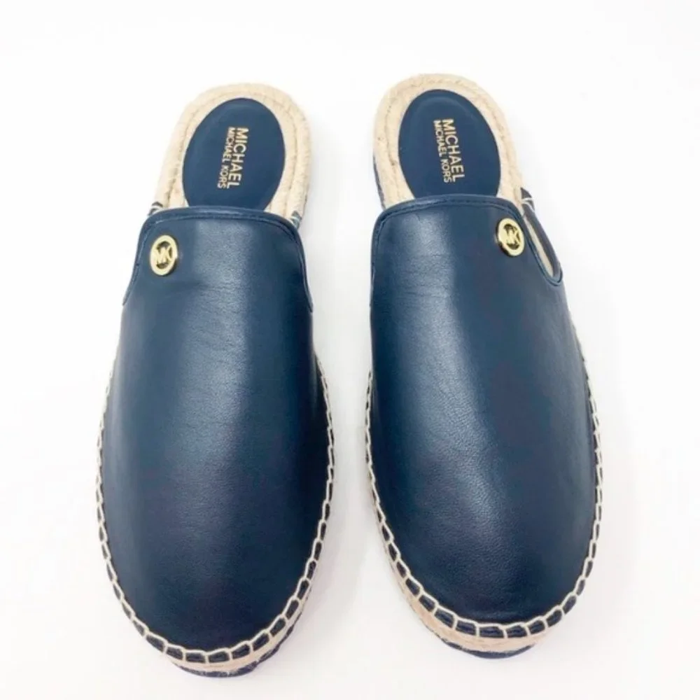Michael Kors Hastings Espadrille Leather Navy Blue Logo Mules Shoes Slip On
